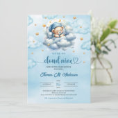 Invitation Aquarelle Nuage 9 ours en peluche Baby shower garç (Debout devant)