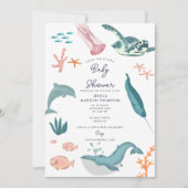 Invitation Aquarelle Océan Baby shower d'animaux marins (Devant)