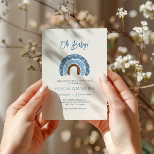 Invitation Aquarelle Oh Baby Blue Rainbow Baby shower
