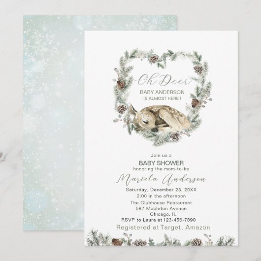 Invitation Aquarelle Oh Deer Baby shower (Devant / Derrière)