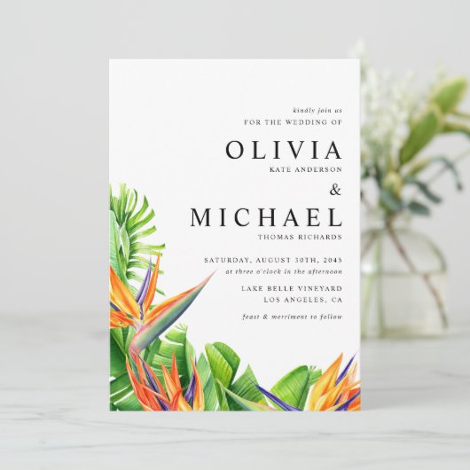 Invitation Aquarelle Oiseaux du Paradis Mariage tropical (Debout devant)