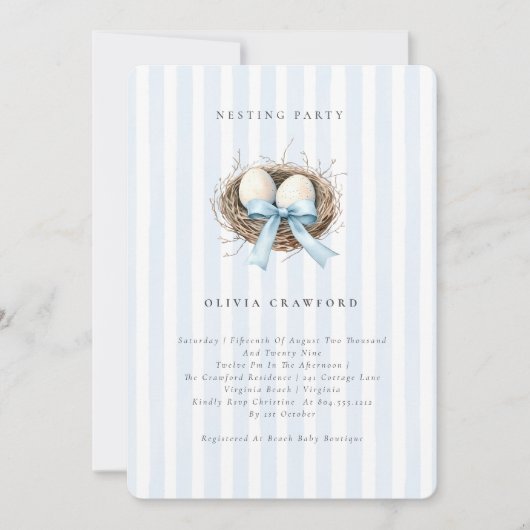Invitation Aquarelle Oiseaux Nid Bleu Bow Nesting Party (Devant)