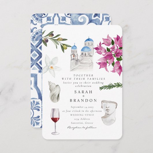 Invitation Aquarelle Olive Blue tuile Grèce Mariage