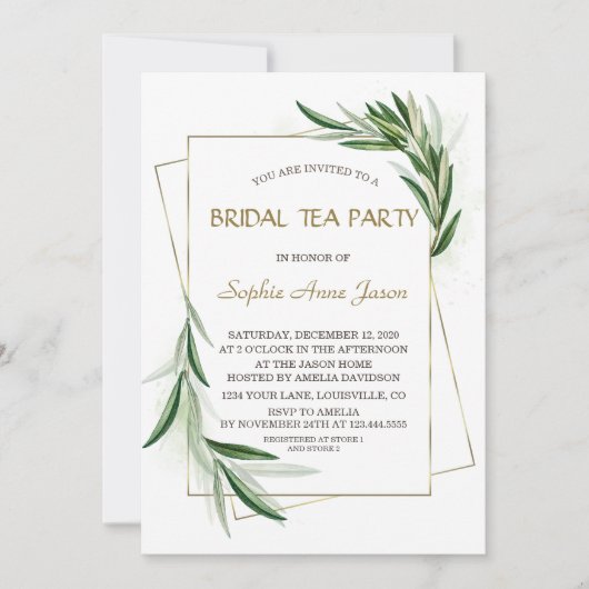 Invitation Aquarelle Olive Feuille Gold Bride Tea Party (Devant)