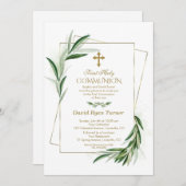 Invitation Aquarelle Olive Feuille Gold First Holy Communion (Devant / Derrière)