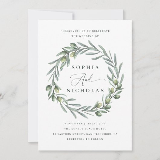 Invitation Aquarelle Olive Mariage italien | Code photo et QR (Devant)