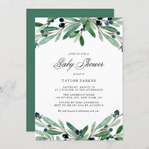 Invitation Aquarelle Olives et Baby shower de verdure