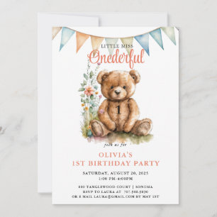 Invitation Aquarelle Onederful Teddy Bear Girl 1er anniversai