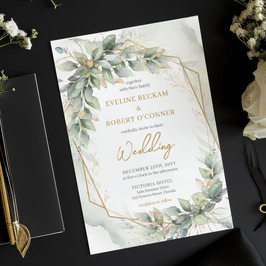 Invitation Aquarelle opulente vert eucalyptus or mariage