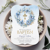 Invitation Aquarelle or et bleu Floral Photo Boy Baptême