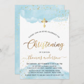 Invitation Aquarelle Or Et Bleu Garçon Christening (Devant / Derrière)