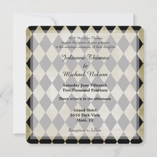 Invitation Aquarelle or et diamants noirs Mariage (Devant)