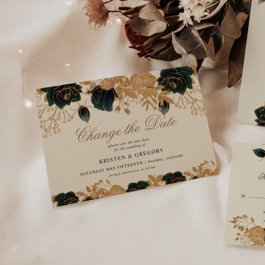 Invitation Aquarelle Or Et Roses Vert Changent La Date