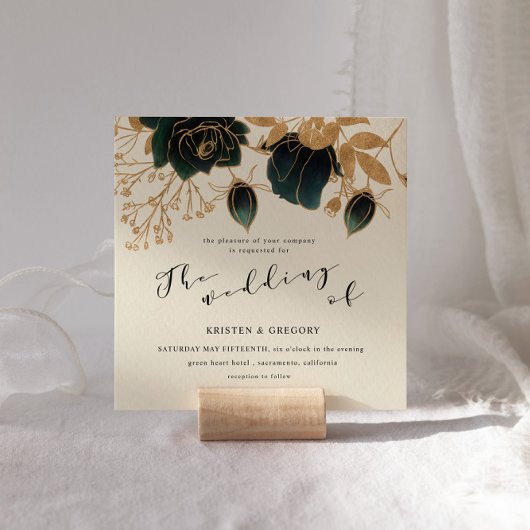 Invitation Aquarelle or et vert Rose Mariage Carré