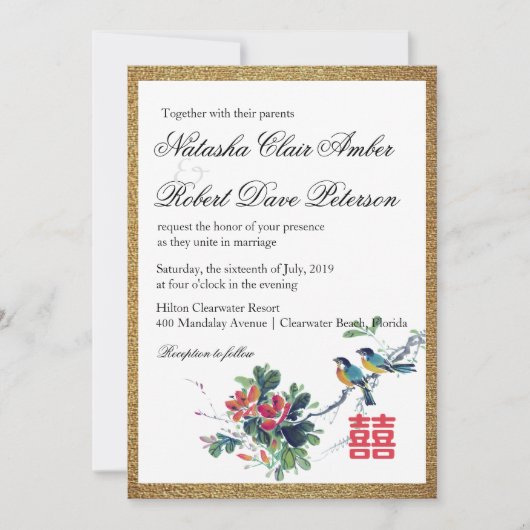 Invitation Aquarelle or Floral Bird chinois Xi Mariage (Devant)