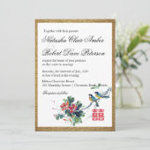 Invitation Aquarelle or Floral Bird chinois Xi Mariage (Debout devant)