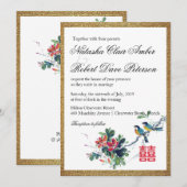 Invitation Aquarelle or Floral Bird chinois Xi Mariage (Devant / Derrière)