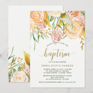 Invitation Aquarelle or Floral sur blanc   Baptême