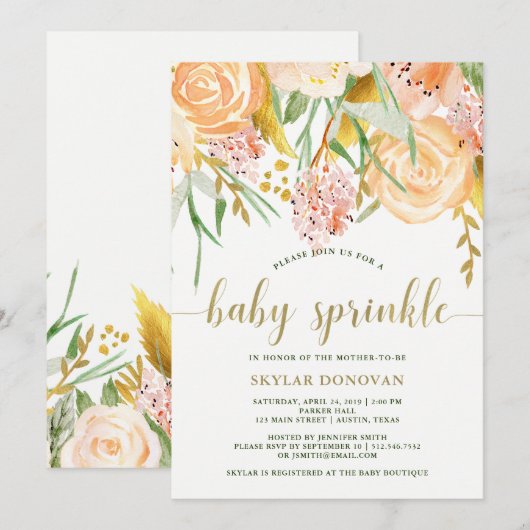 Invitation Aquarelle or Floral sur blanc | Saupoudrer bébé (Devant / Derrière)