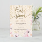 Invitation Aquarelle or florale baby shower rose girly (Debout devant)