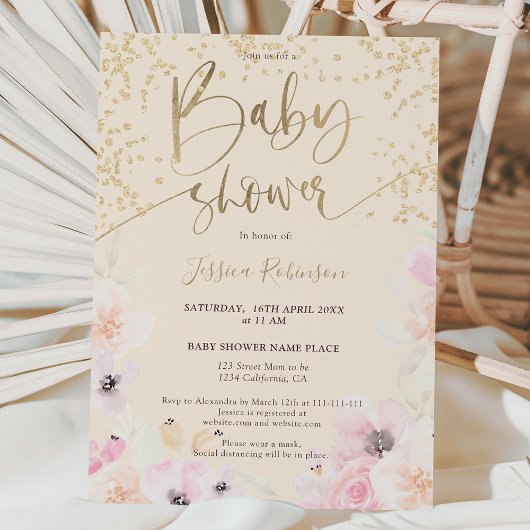 Invitation Aquarelle or florale baby shower rose girly