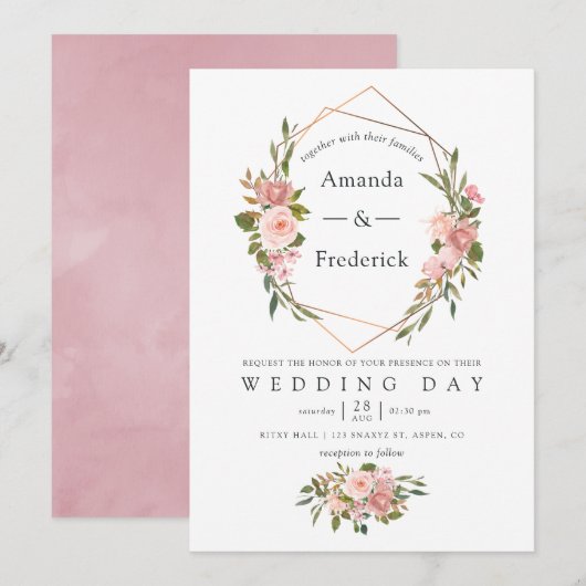 Invitation Aquarelle or Géométrique Blush rose Roses Mariage (Devant / Derrière)