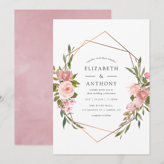 Invitation Aquarelle or Géométrique Blush rose Roses Mariage (Devant / Derrière)
