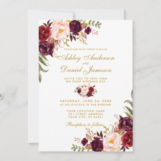 Invitation Aquarelle or mariage Bourgogne Floral W (Devant)