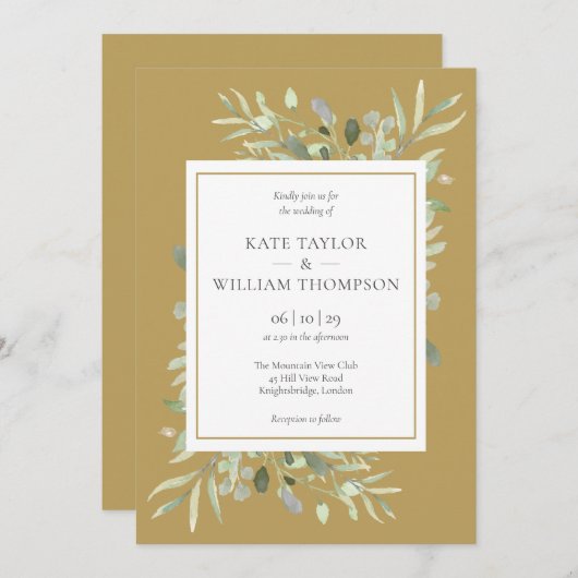 Invitation Aquarelle or moderne Elegant Mariage vert (Devant / Derrière)