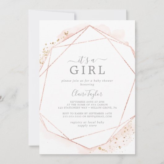 Invitation Aquarelle or rose C'est un Baby shower fille (Devant)