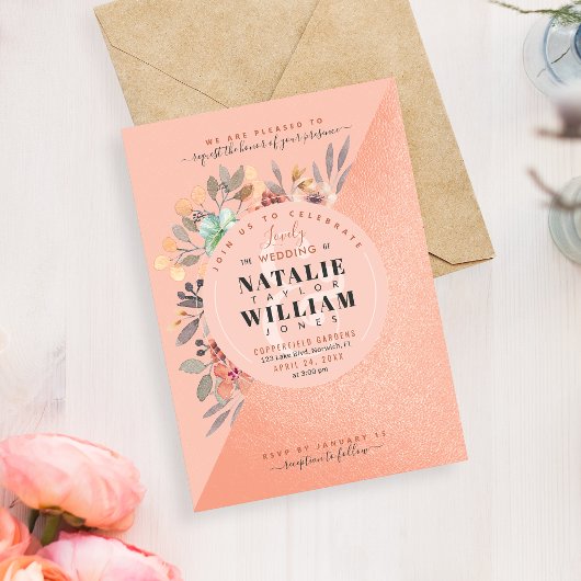 Invitation Aquarelle or rose Floral Chic Mariage