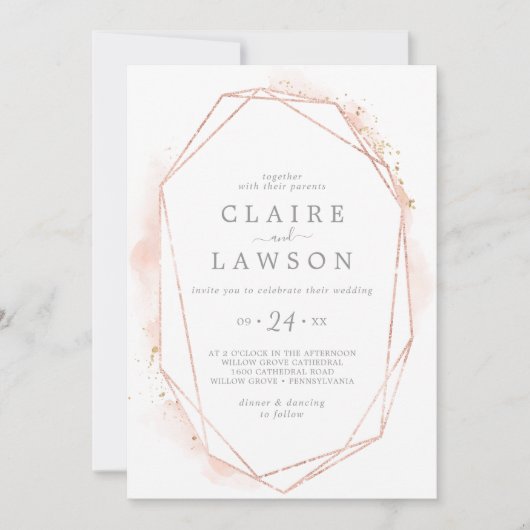 Invitation Aquarelle or rose Géométrique tout en un Mariage (Devant)