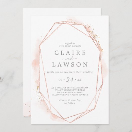 Invitation Aquarelle or rose Géométrique tout en un Mariage (Devant / Derrière)