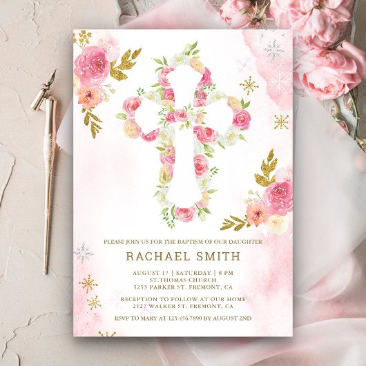 Invitation Aquarelle or rose pâle Baptême floral