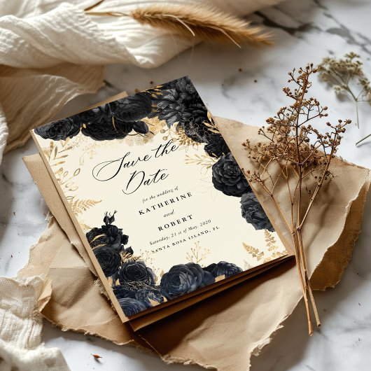 Invitation Aquarelle or Roses noirs Enregistrer la date