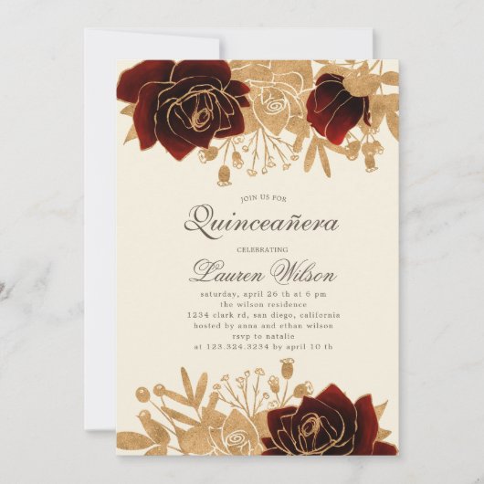 Invitation aquarelle or roses Quinceanera Qrcode (Devant)