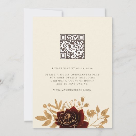 Invitation aquarelle or roses Quinceanera Qrcode (Dos)