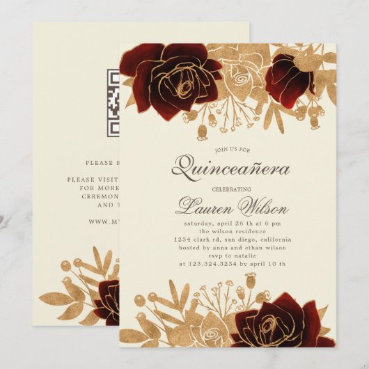 Invitation aquarelle or roses Quinceanera Qrcode (Devant / Derrière)