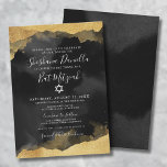 Invitation Aquarelle Or Star De David Mitzvah<br><div class="desc">Cette élégante invitation Bat mitzvah présente un arrière - plan noir avec de l'aquarelle fausse or ou de l'encre d'alcool encadrant le haut et le bas. Le design présente un mélange de typographie de script et de polices serif classiques, créant un look simple mais sophistiqué. Au centre, une étoile de...</div>