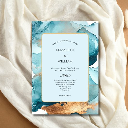 Invitation Aquarelle or turquoise Encre d'alcool Mariage mode