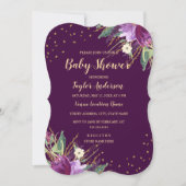 Invitation Aquarelle or violet Baby shower de fleurs (Devant)