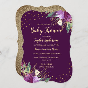 Invitation Aquarelle or violet Baby shower de fleurs