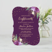 Invitation Aquarelle or violet Fleur 18e anniversaire (Debout devant)