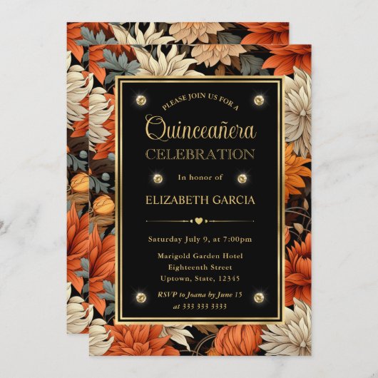 Invitation Aquarelle Orange Brown Feuilles Quinceanera (Devant / Derrière)