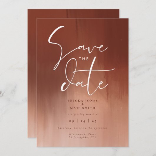 Invitation Aquarelle orange brûlée Enregistrer la date Mariag (Devant / Derrière)