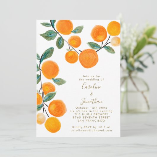 Invitation Aquarelle Orange Citrus Fruit Script Mariage Inv (Debout devant)