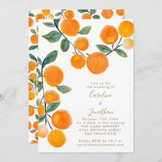 Invitation Aquarelle Orange Citrus Fruit Script Mariage Inv (Devant / Derrière)