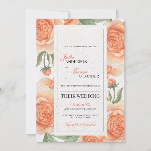 Invitation Aquarelle orange corail fleurs mariage (Devant)