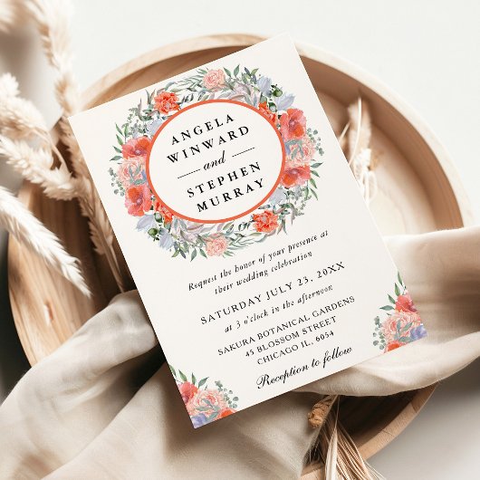 Invitation Aquarelle Orange et Mariage de couronne violet