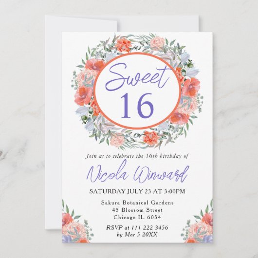 Invitation Aquarelle Orange et Purple Wreath Sweet 16 (Devant)